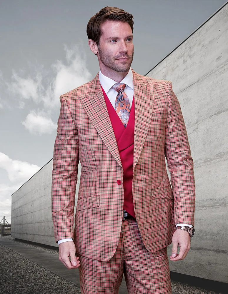 APPLE GREEN SOLID COLOR SUIT. 3PC MODERN FIT FLAT FRONT PANTS WITH DOUBLE BREASTED VEST. SUPER 180'S ITALIAN WOOL | VITTON-Red