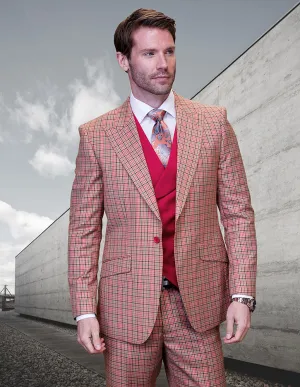 APPLE GREEN SOLID COLOR SUIT. 3PC MODERN FIT FLAT FRONT PANTS WITH DOUBLE BREASTED VEST. SUPER 180'S ITALIAN WOOL | VITTON-Red