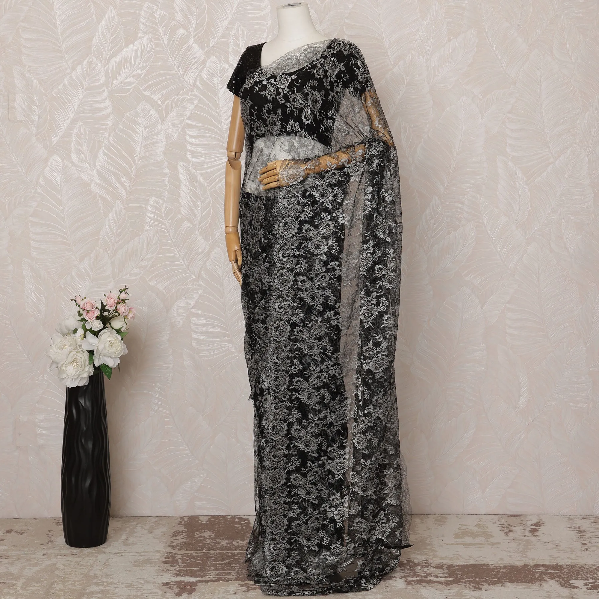 Black and Silver Metallic Premium French Chantilly Saree Lace - 5.5 Meters, Floral Design, 110 cm Width-D20763