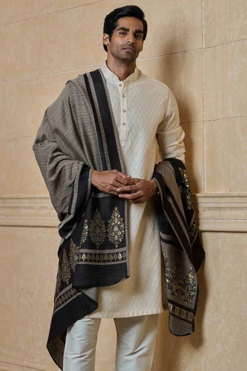Black Striped Shawl With Floral Motif Border