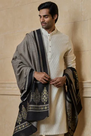 Black Striped Shawl With Floral Motif Border