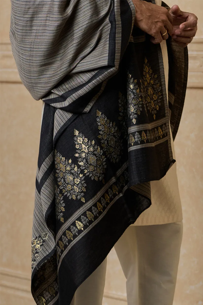 Black Striped Shawl With Floral Motif Border