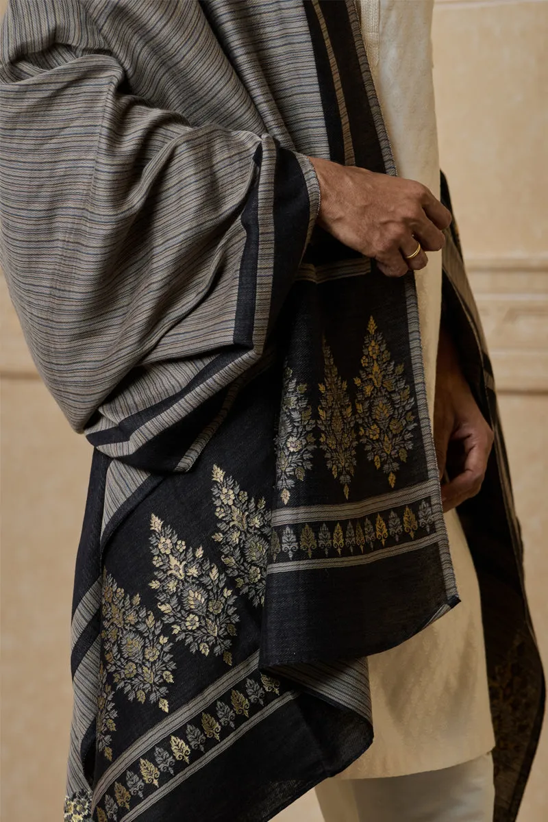 Black Striped Shawl With Floral Motif Border