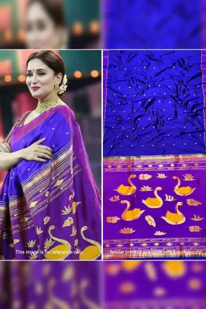 Blue Handloom Paithani Pure Silk Saree with Duck Design