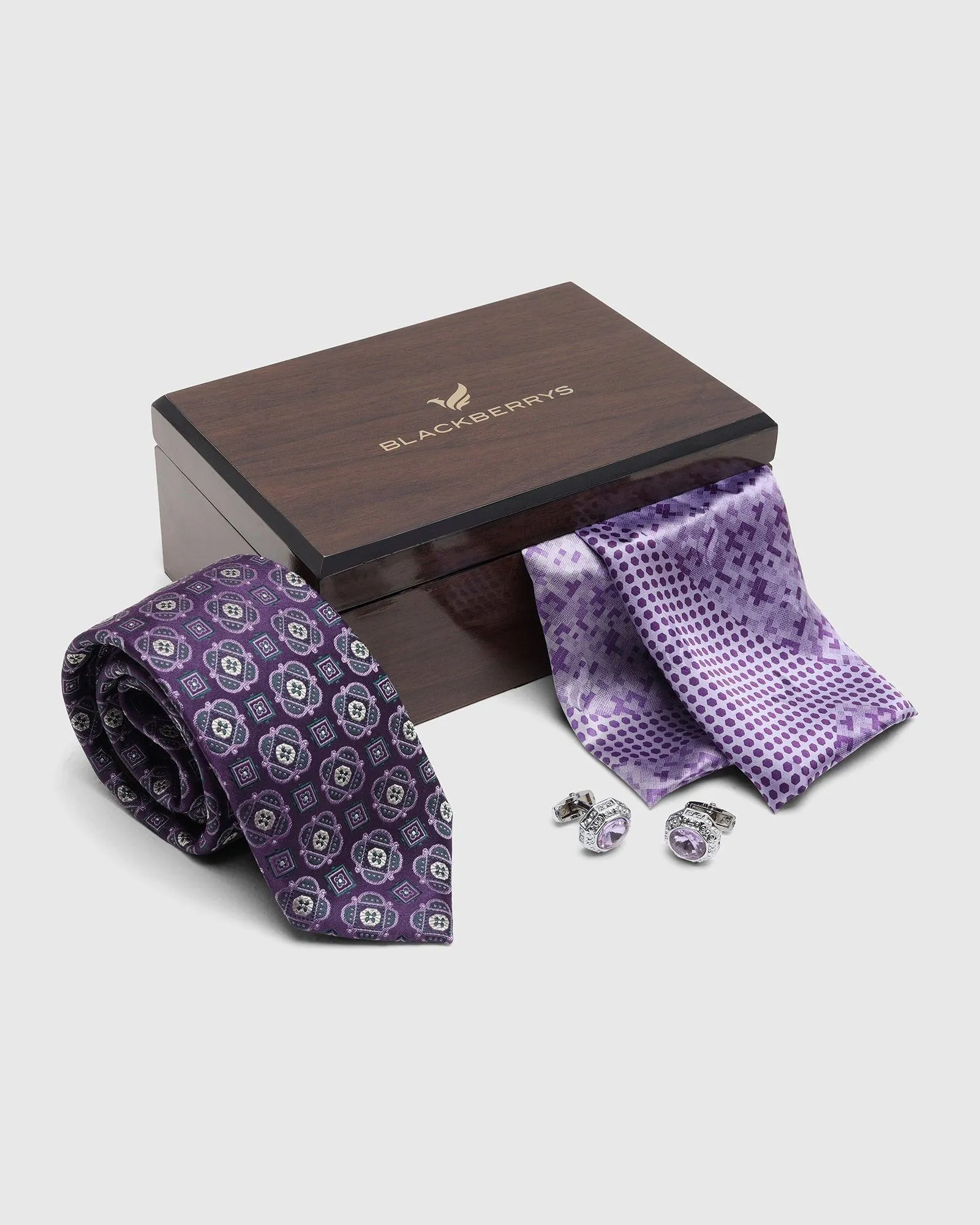 Boxed Combo Printed Tie With Pocket Square And Cufflink In Purple - Taran