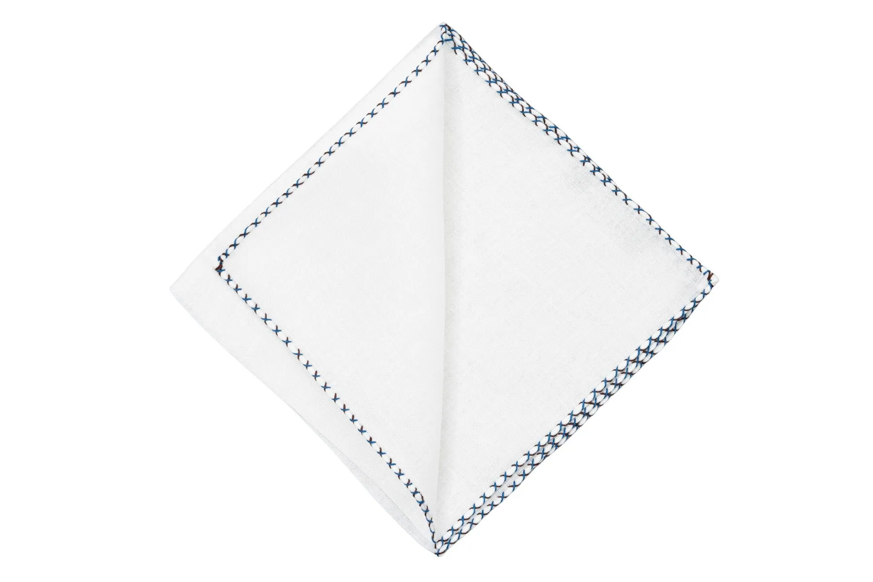 Brown & Bright Blue X-Stitch Edge White Linen Pocket Square