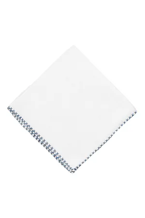 Brown & Bright Blue X-Stitch Edge White Linen Pocket Square