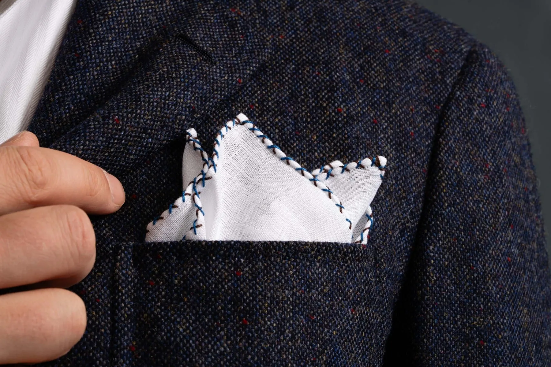 Brown & Bright Blue X-Stitch Edge White Linen Pocket Square