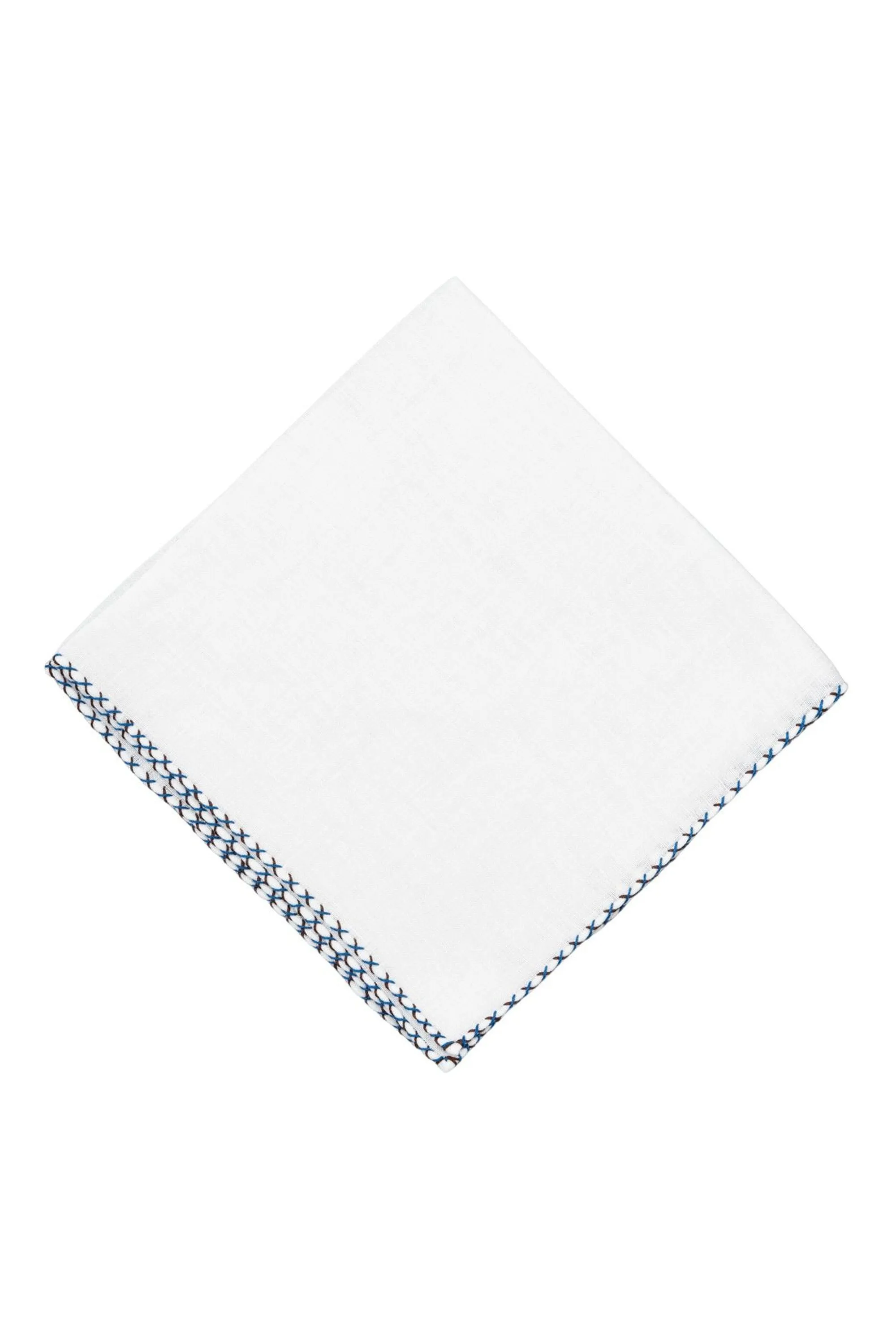Brown & Bright Blue X-Stitch Edge White Linen Pocket Square
