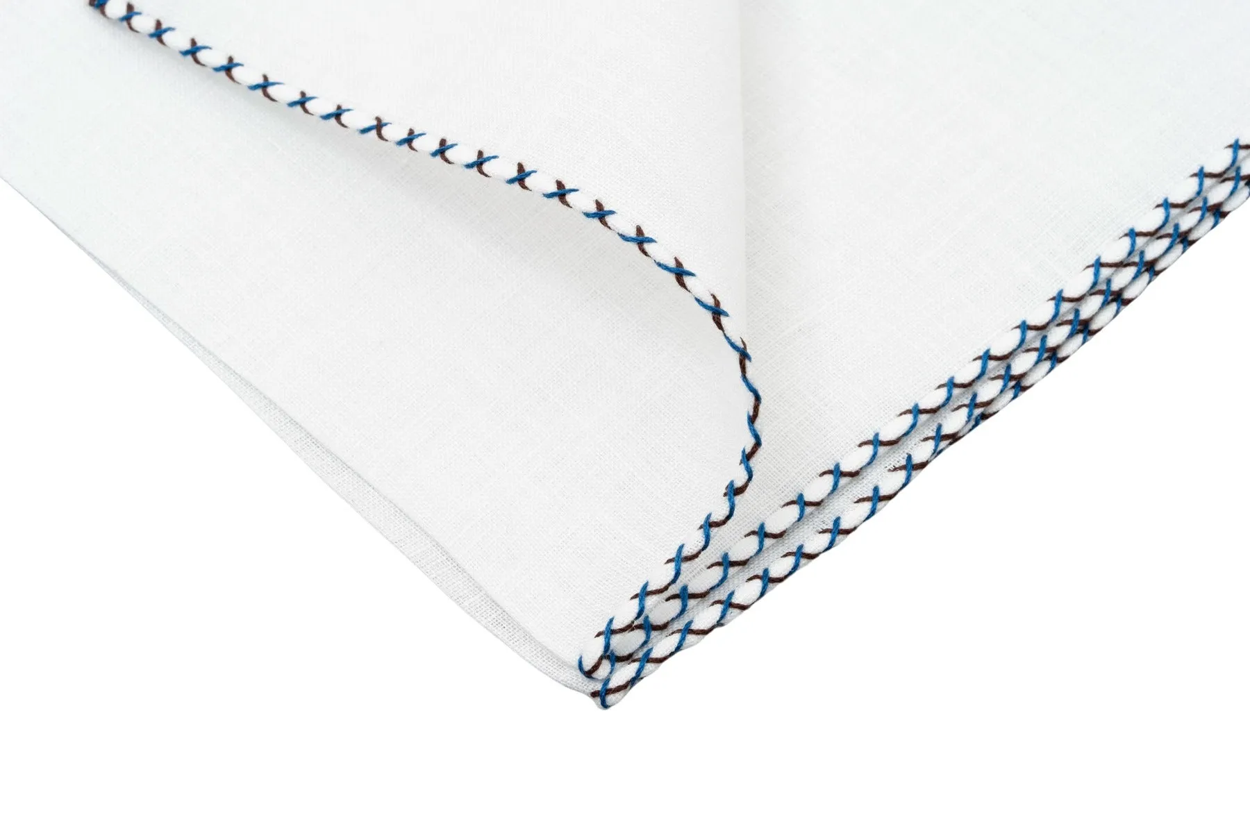 Brown & Bright Blue X-Stitch Edge White Linen Pocket Square