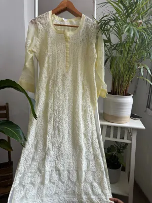Chikankari Resham Jaal Kurti - Light Yellow