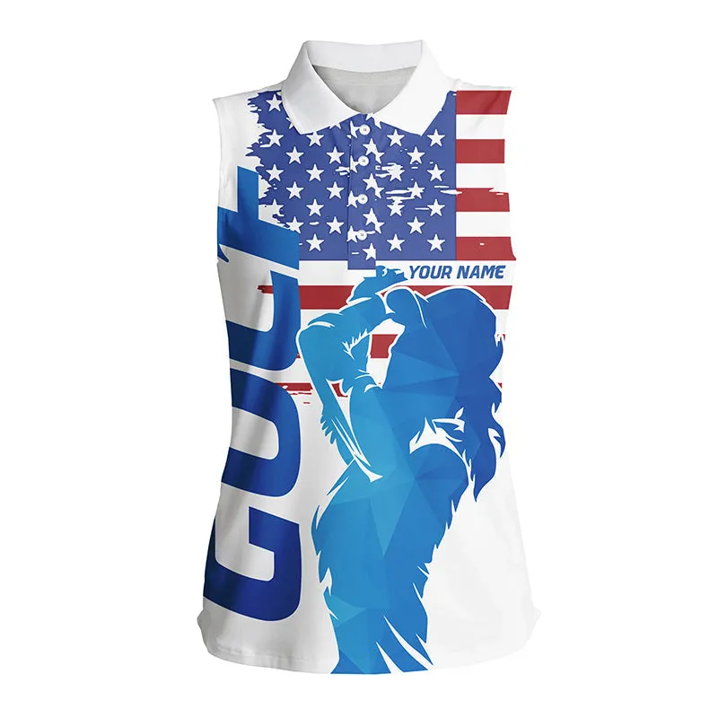 Custom Name Red, White And Blue Womens Golf Polo Shirts Custom American Flag Patriotic Ladies Golf Attire
