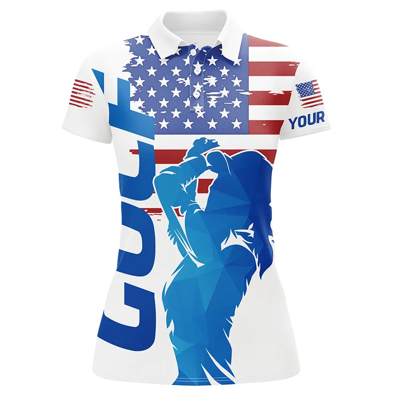 Custom Name Red, White And Blue Womens Golf Polo Shirts Custom American Flag Patriotic Ladies Golf Attire