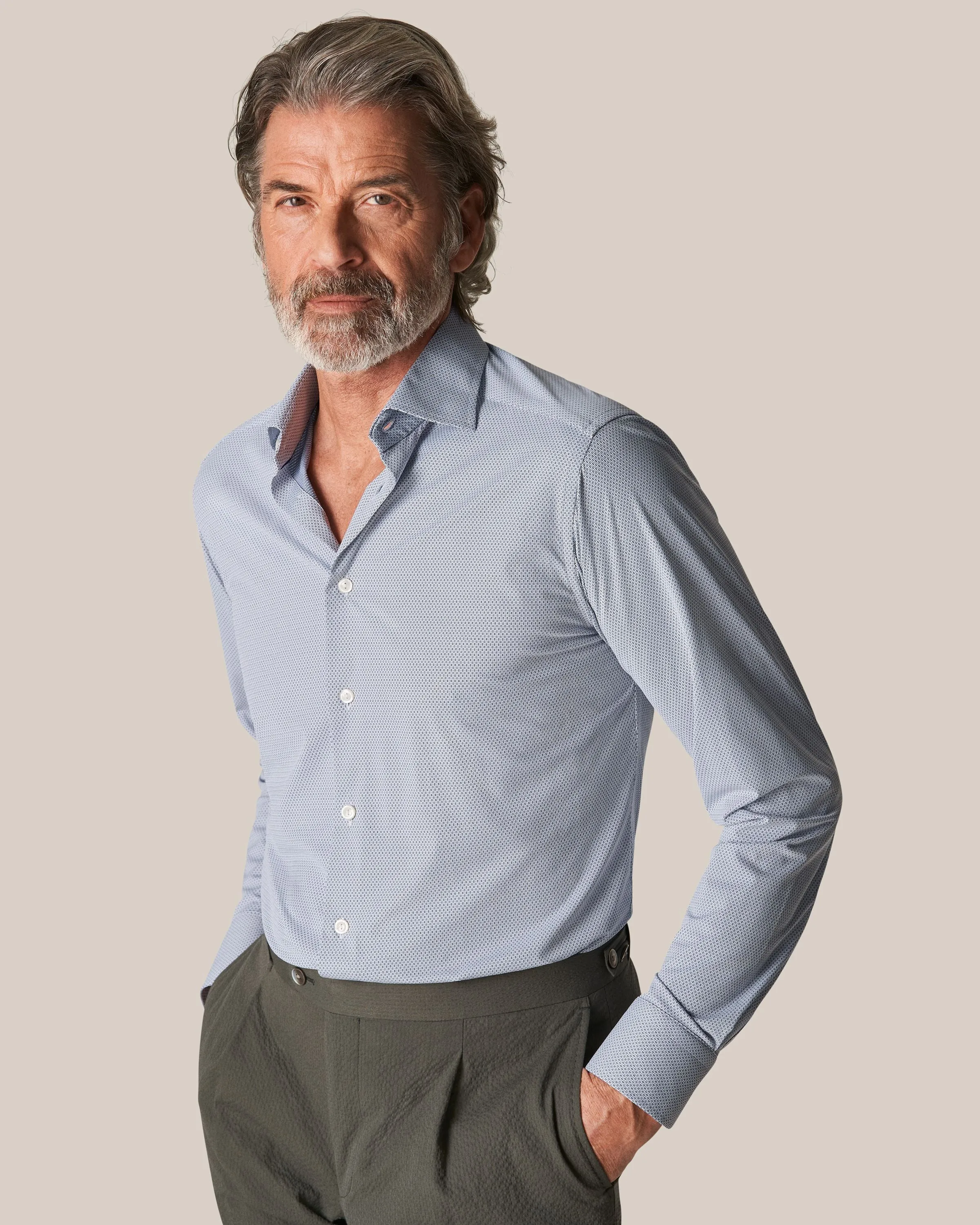 Dark Blue Four-Way Stretch Micro-Patterned Slim Fit Shirt - ETON
