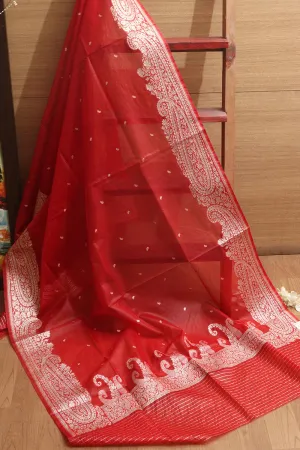Elegant Red Banarasi Organza Silk Dupatta