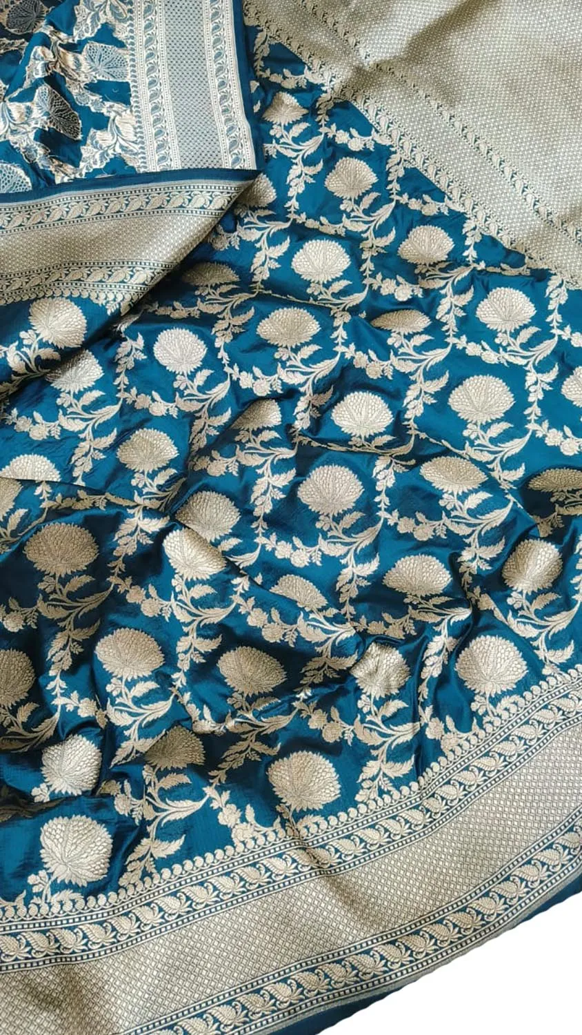 Exquisite Blue Banarasi Handloom Pure Katan Silk Jaal Work Saree