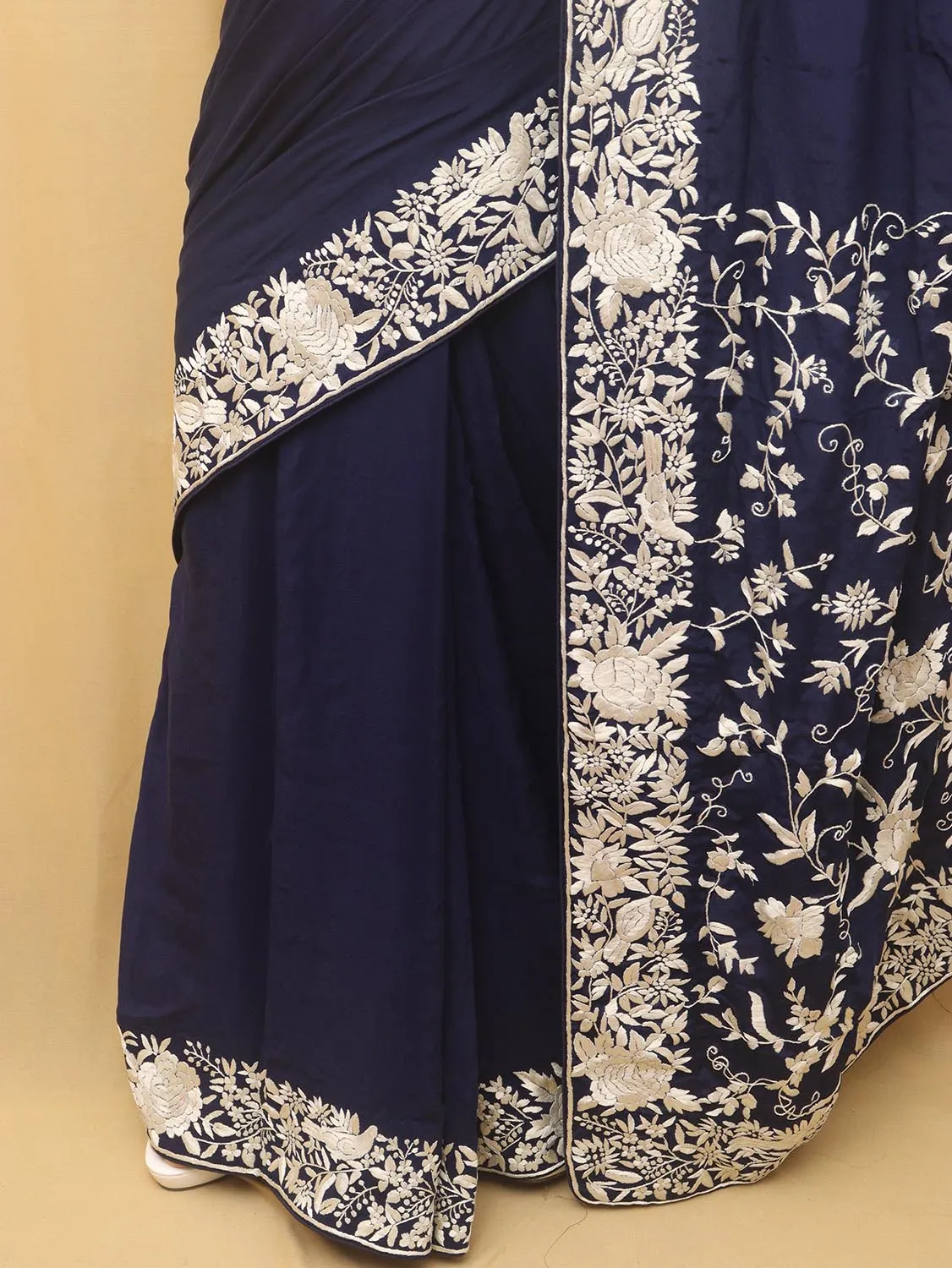 Exquisite Blue Parsi Gara Hand Embroidered Crepe Saree
