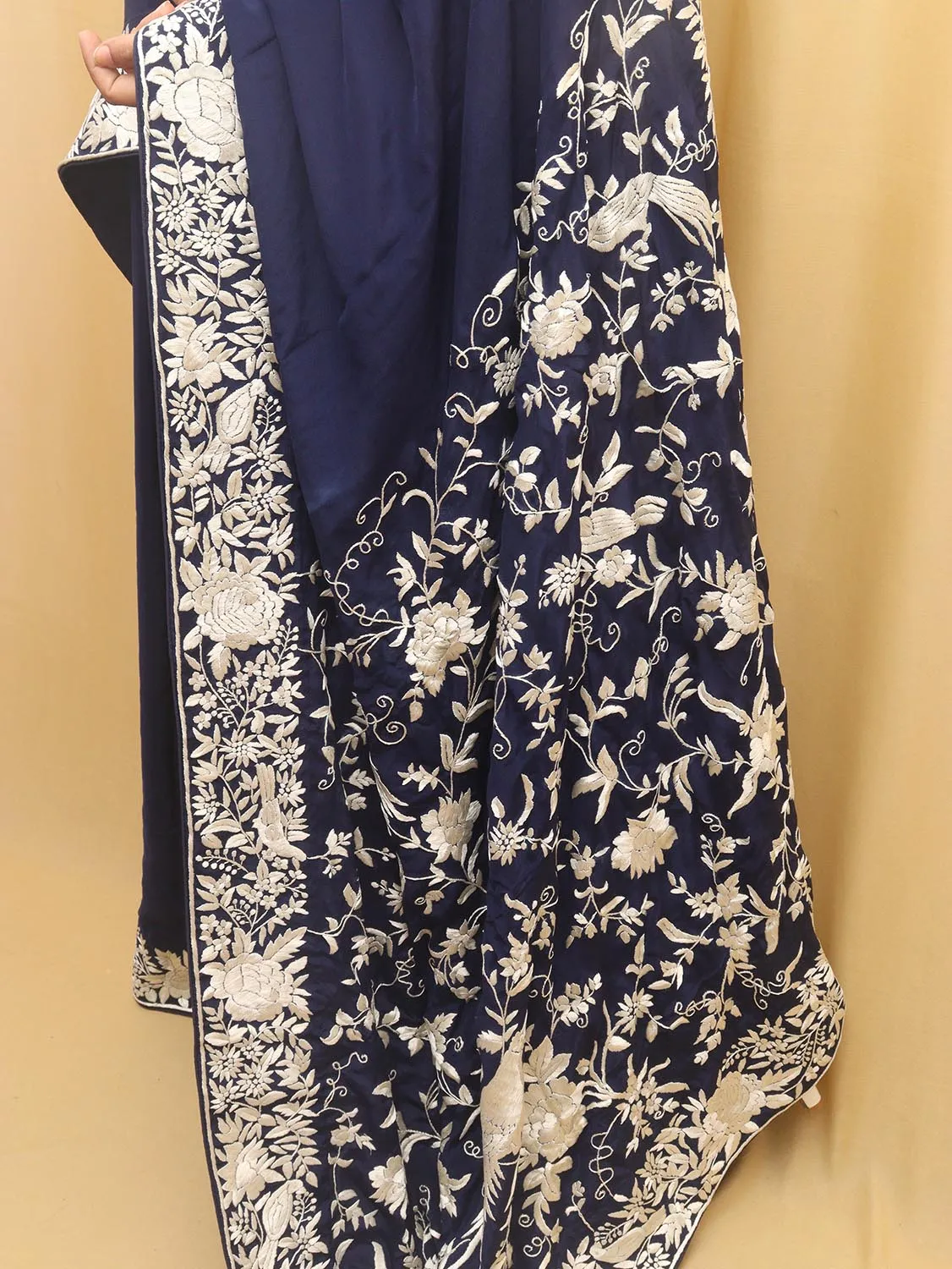 Exquisite Blue Parsi Gara Hand Embroidered Crepe Saree