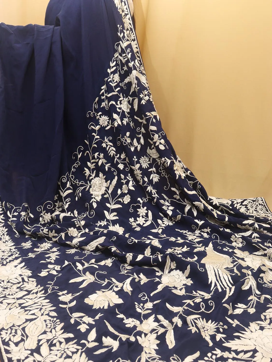 Exquisite Blue Parsi Gara Hand Embroidered Crepe Saree