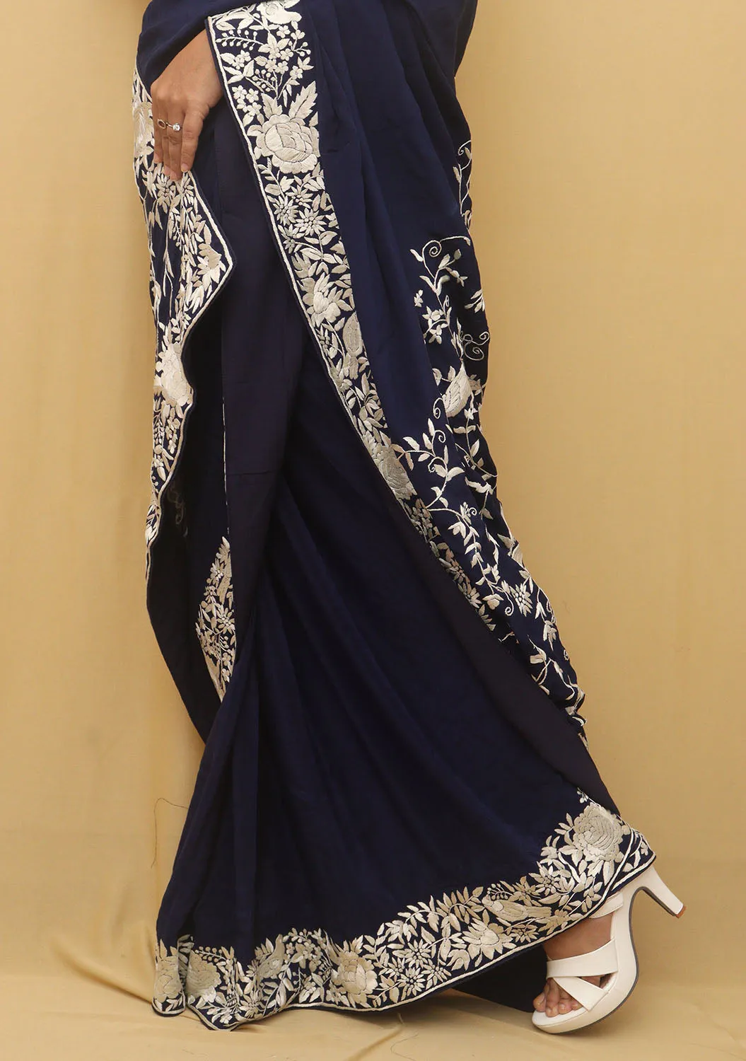 Exquisite Blue Parsi Gara Hand Embroidered Crepe Saree