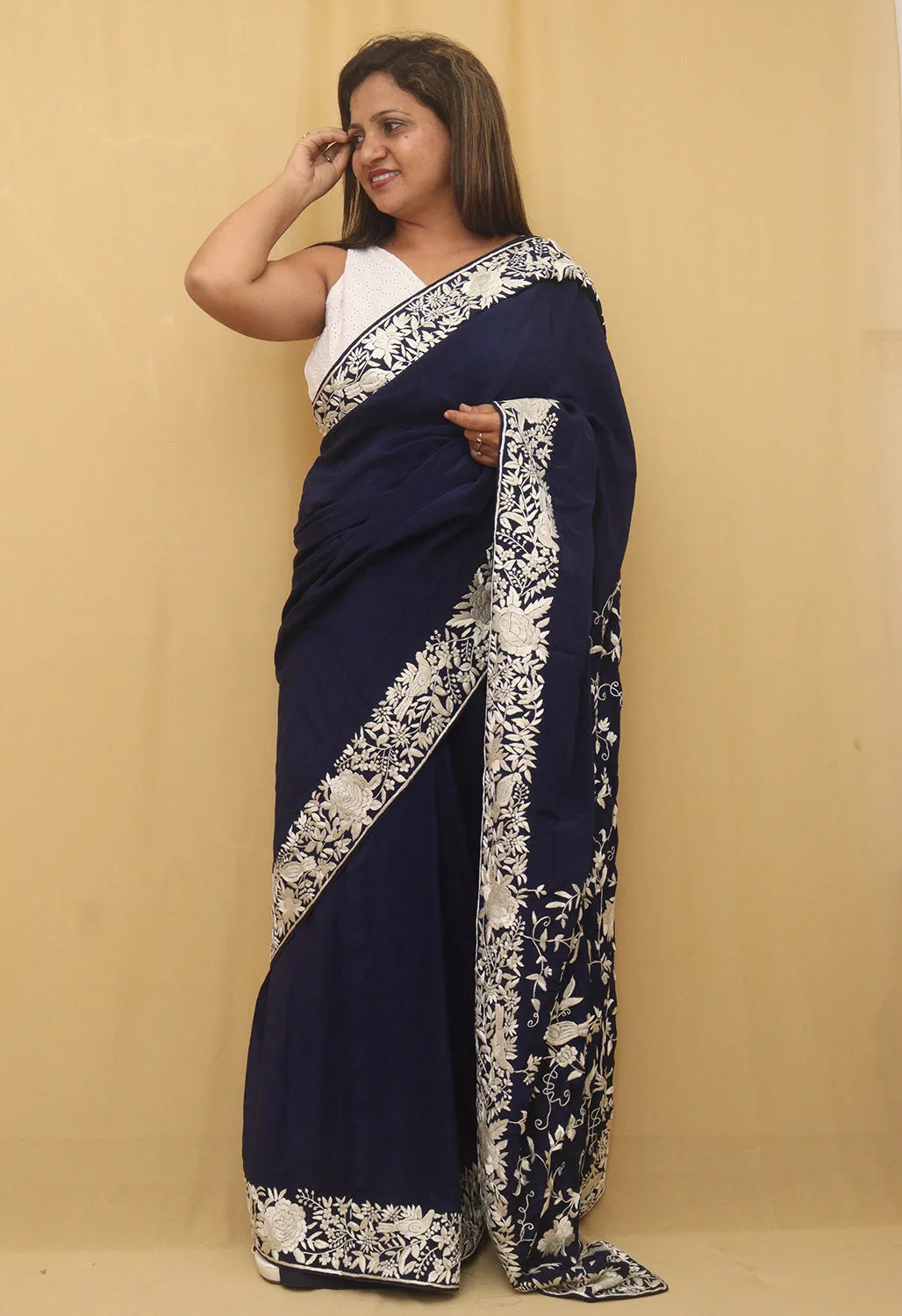 Exquisite Blue Parsi Gara Hand Embroidered Crepe Saree