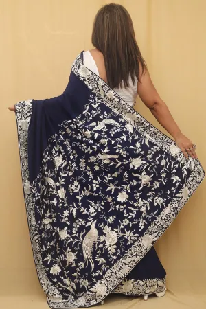 Exquisite Blue Parsi Gara Hand Embroidered Crepe Saree