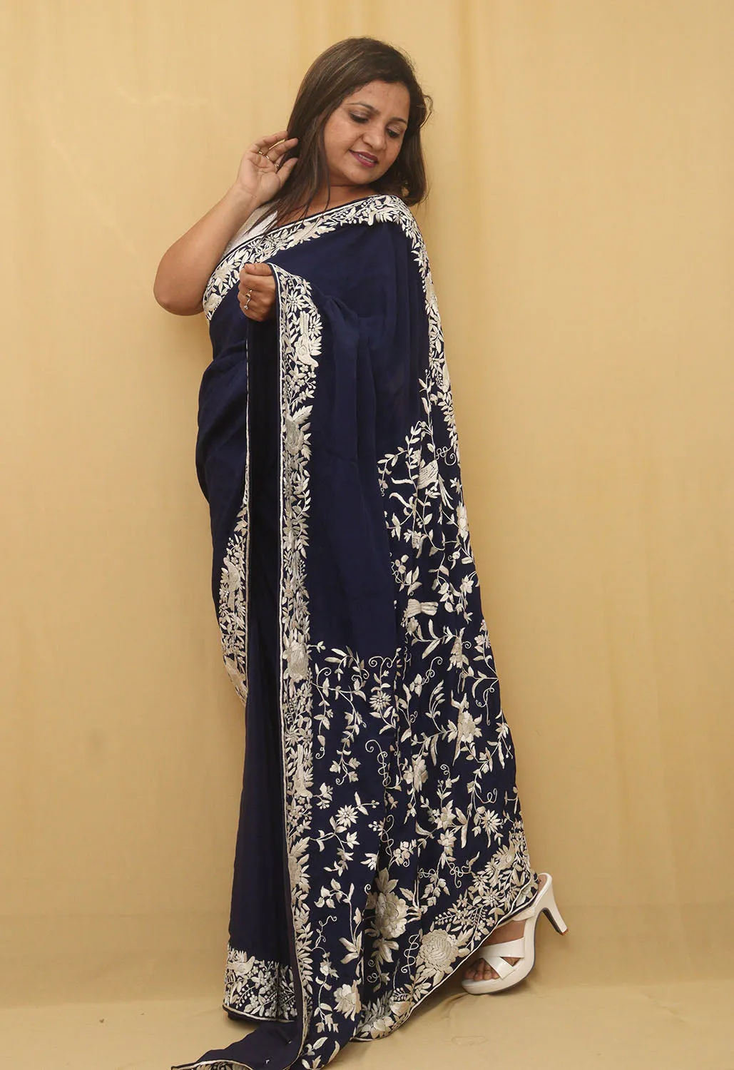Exquisite Blue Parsi Gara Hand Embroidered Crepe Saree