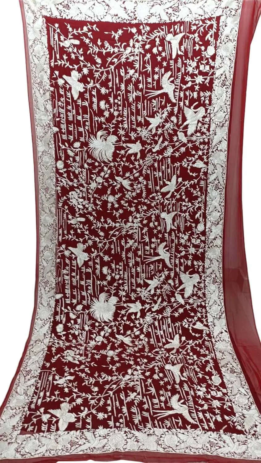 Exquisite Brown Parsi Hand Embroidered Georgette Dupatta