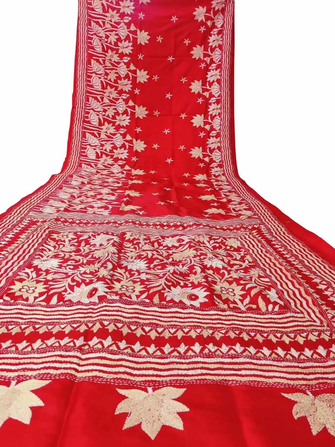 Exquisite Red Hand Embroidered Kantha Work Bangalore Silk Saree