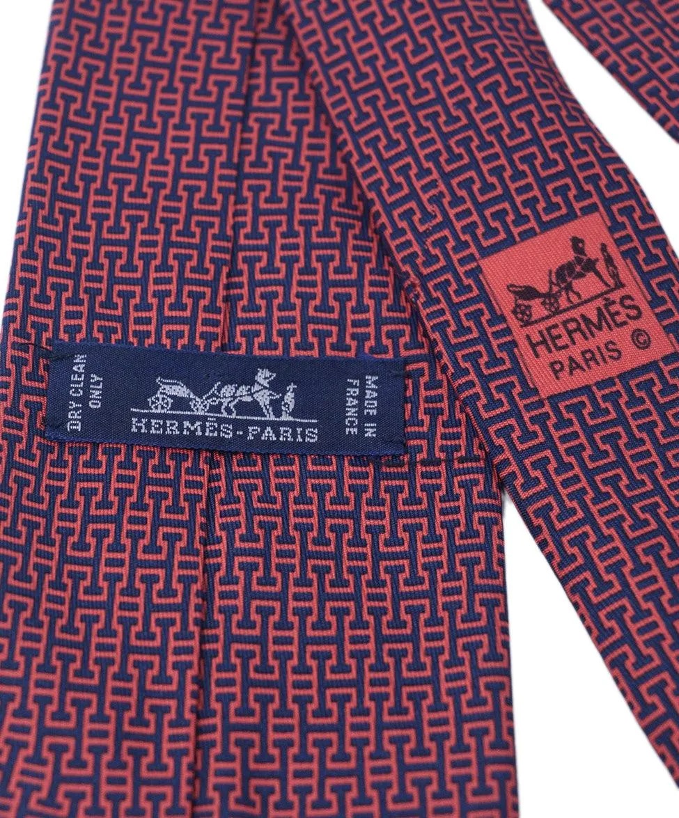 Hermes Red & Blue H Print Silk Tie