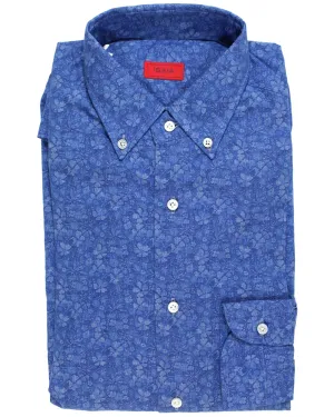 Isaia Sport Shirt Blue Floral Button Down 40 - 15 3/4  Regular Fit