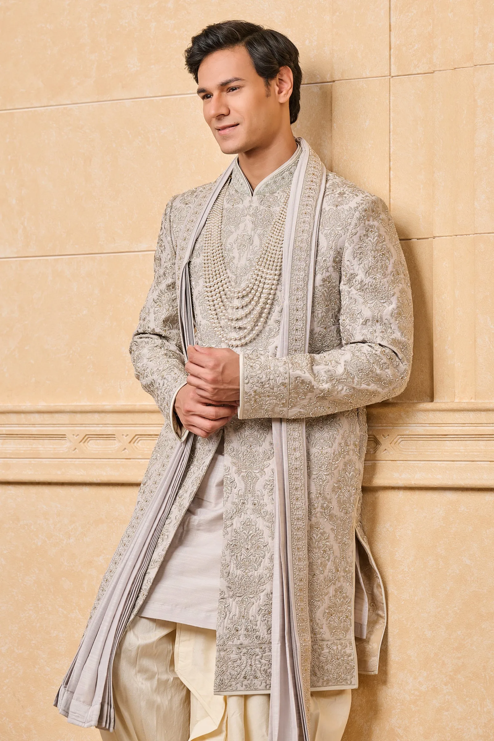 Light Blue All Over Embroidered Sherwani With Stole