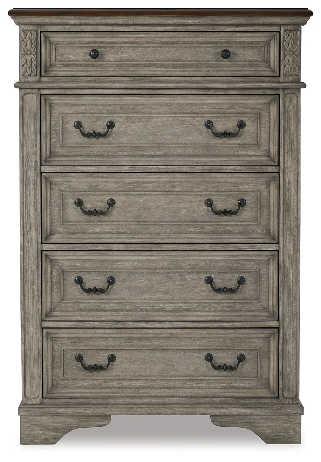 Lodenbay California King Panel Bed with Mirrored Dresser, Chest and 2 Nightstands in Antique Gray