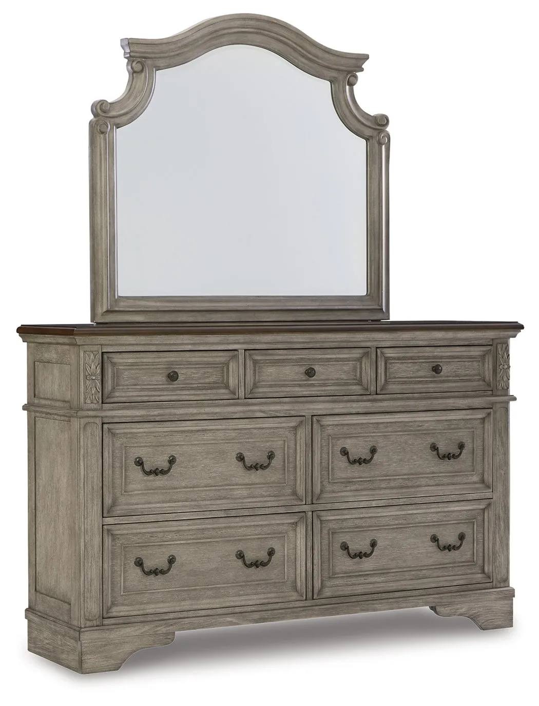 Lodenbay California King Panel Bed with Mirrored Dresser, Chest and 2 Nightstands in Antique Gray