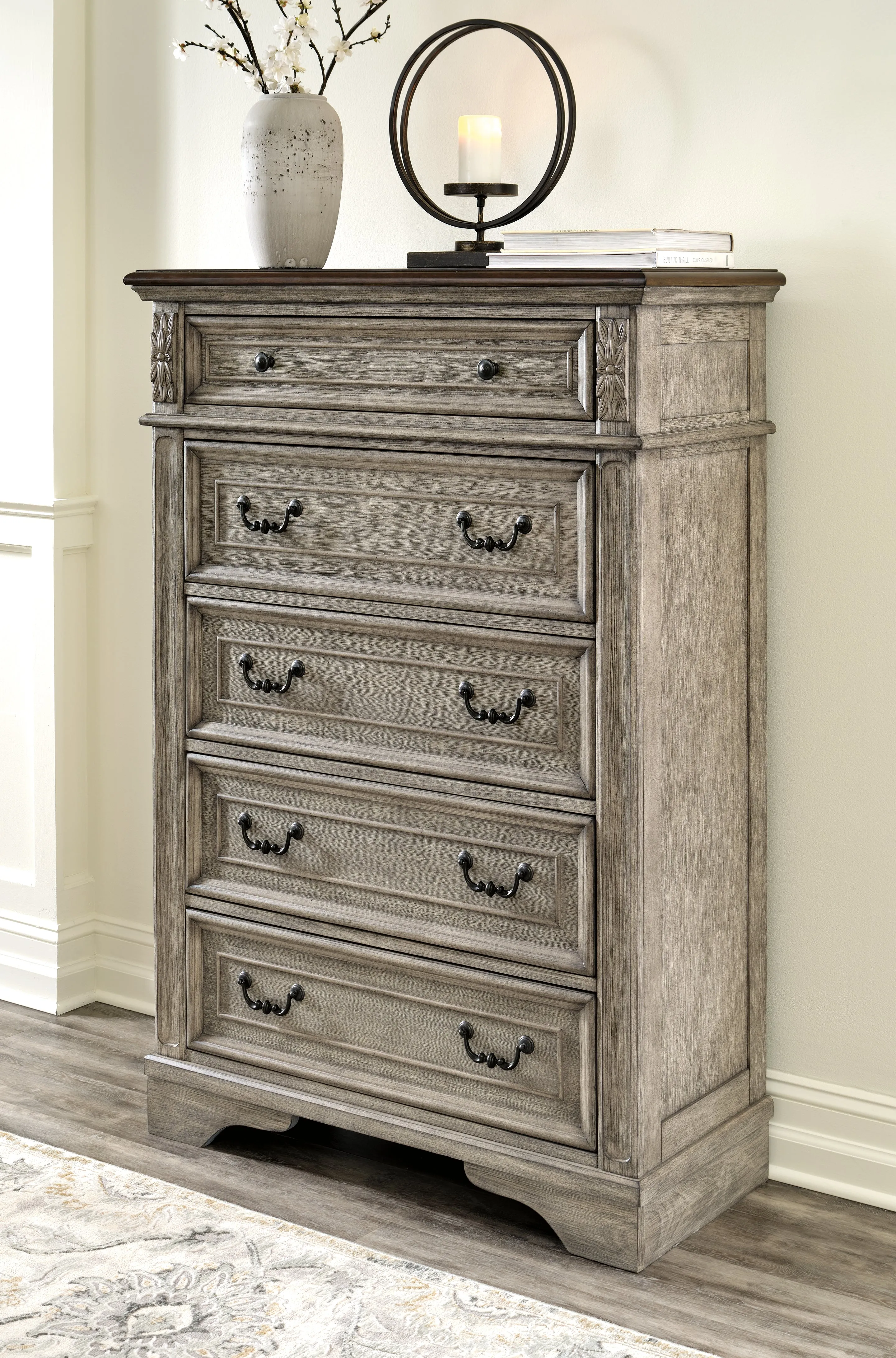 Lodenbay California King Panel Bed with Mirrored Dresser, Chest and 2 Nightstands in Antique Gray
