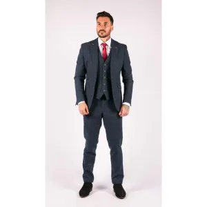 Mens 3 Piece Navy Blue Suit Tweed Check 1920's Tailored Fit Vintage
