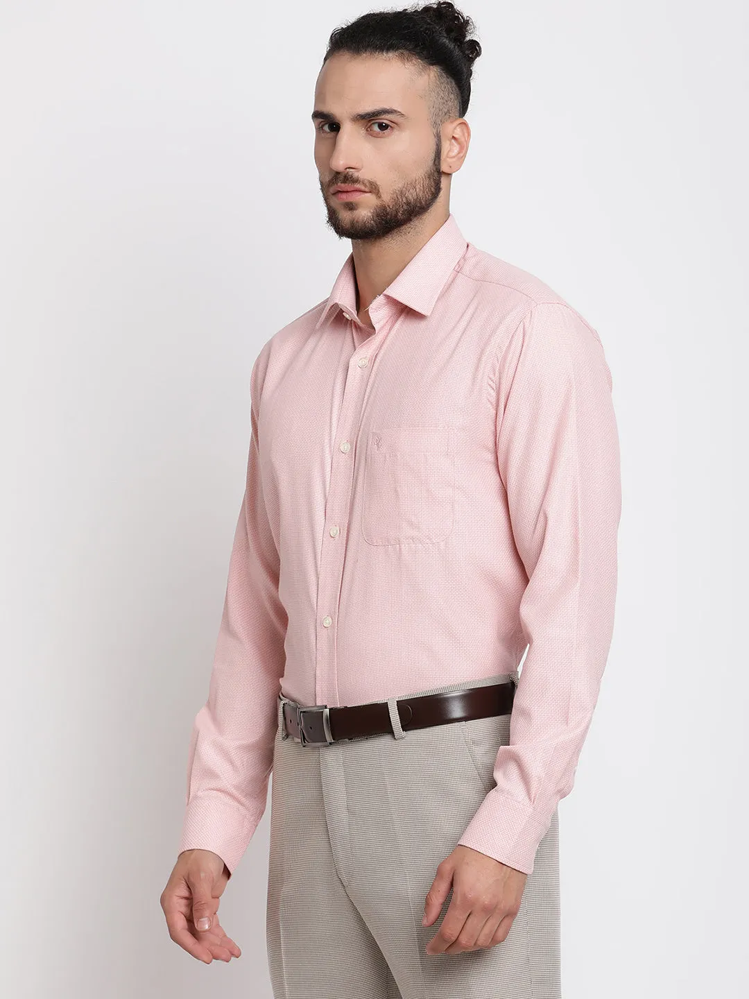Men's Light Pink Formal Self Textured Full Sleeve Shirt