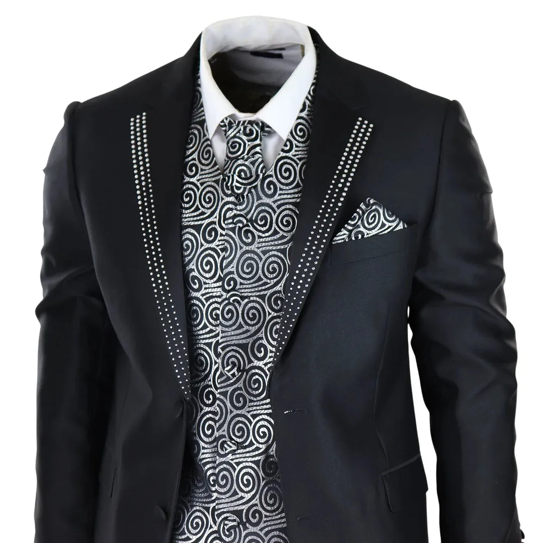 Men's Wedding 3 Piece Black Suit Silver Cravat Waistcoat Groom Bestman