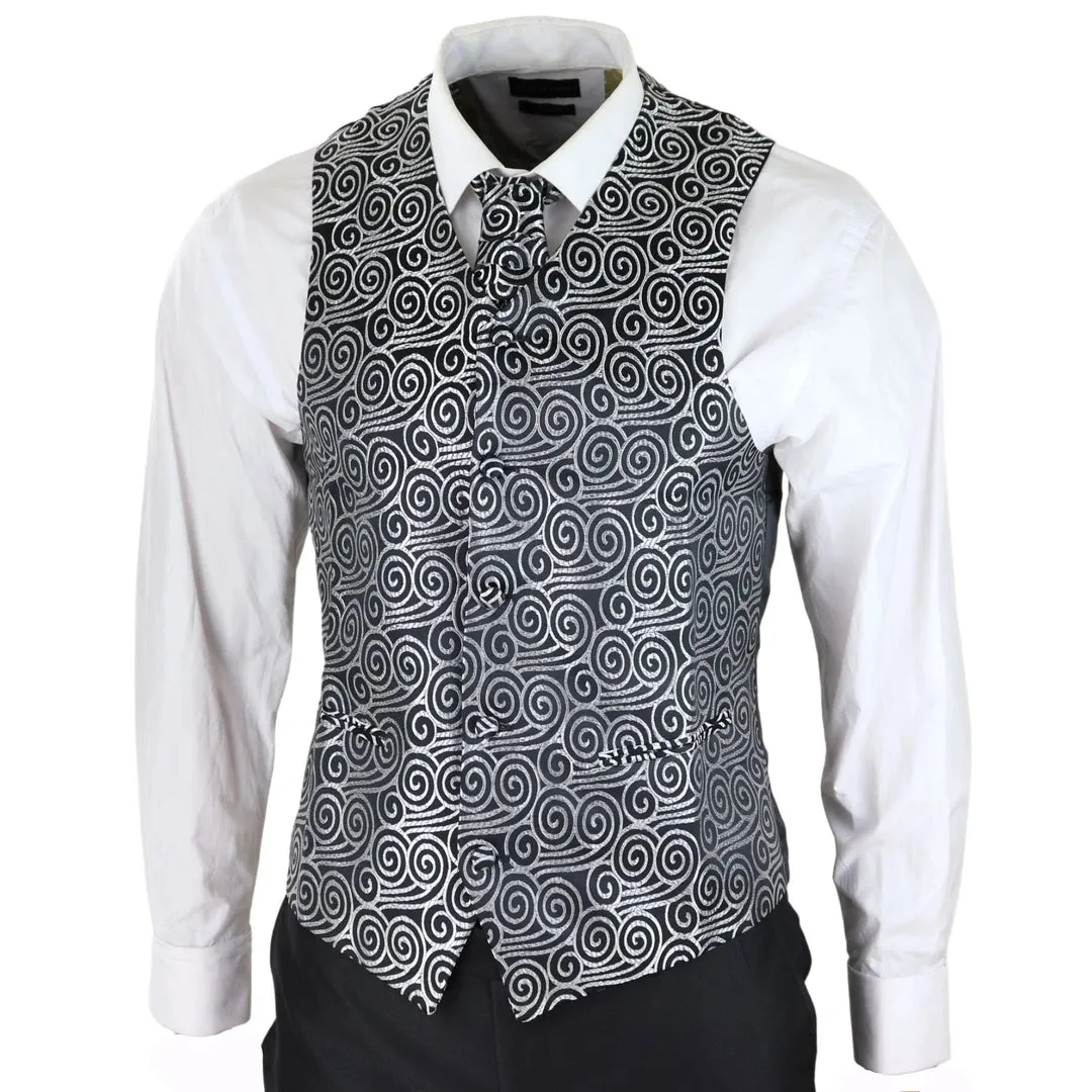 Men's Wedding 3 Piece Black Suit Silver Cravat Waistcoat Groom Bestman