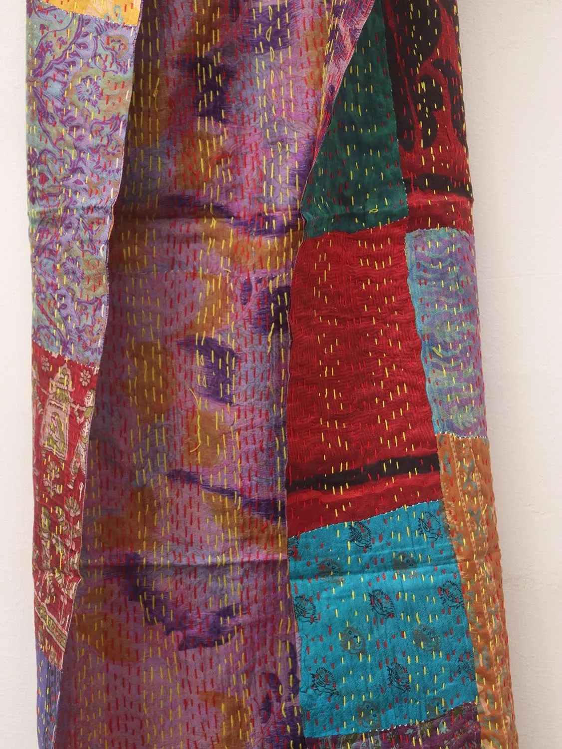 Multicolor Hand Embroidered Kantha Pure Silk Reversible Stole