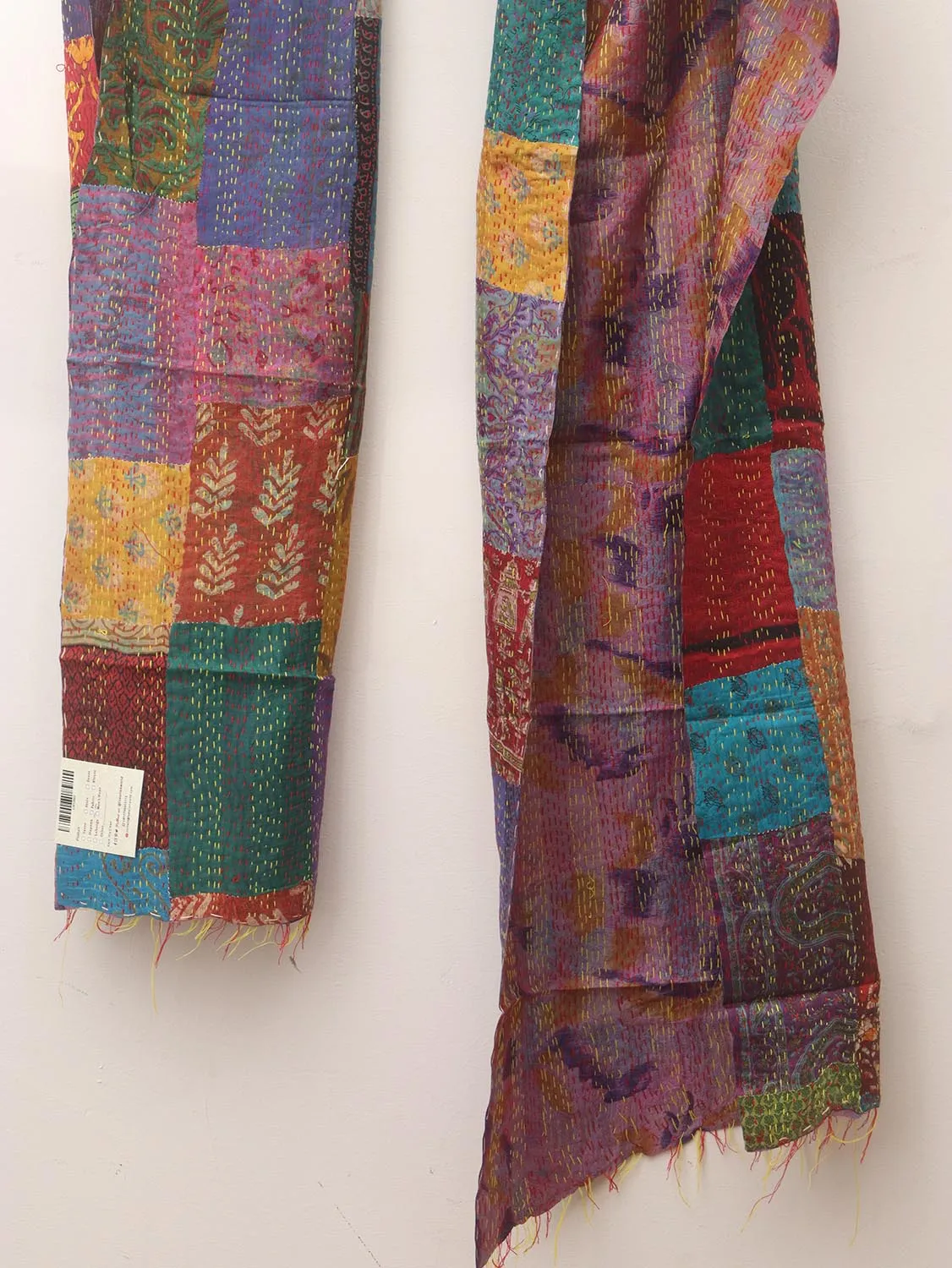 Multicolor Hand Embroidered Kantha Pure Silk Reversible Stole