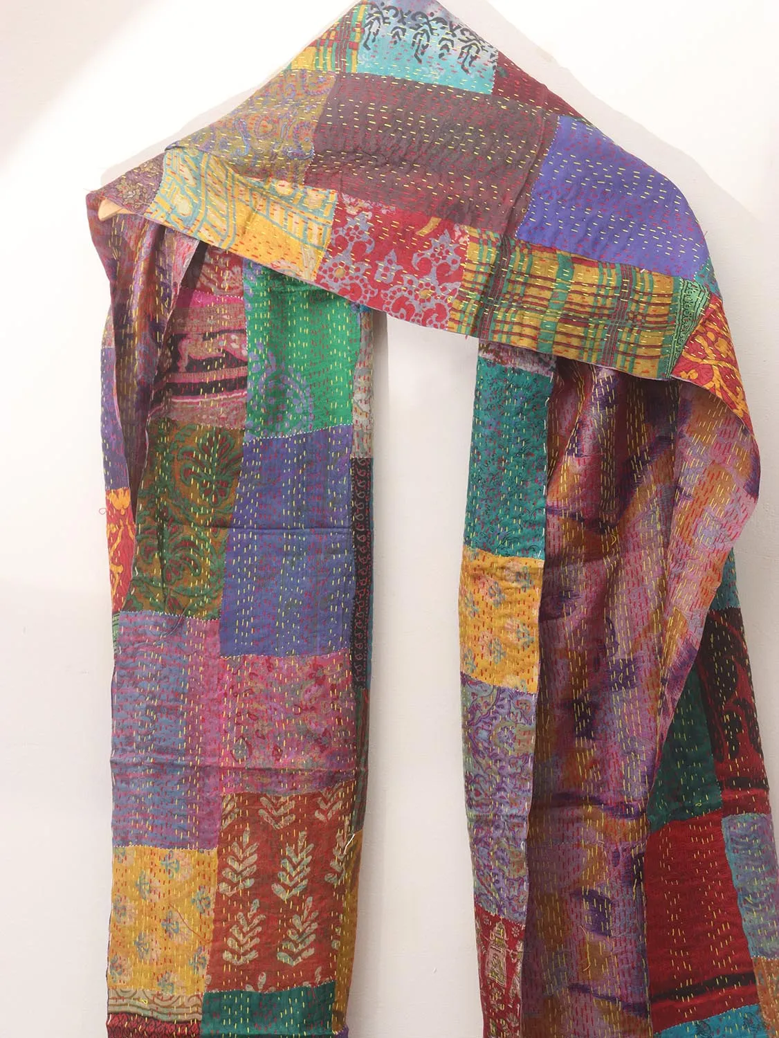 Multicolor Hand Embroidered Kantha Pure Silk Reversible Stole