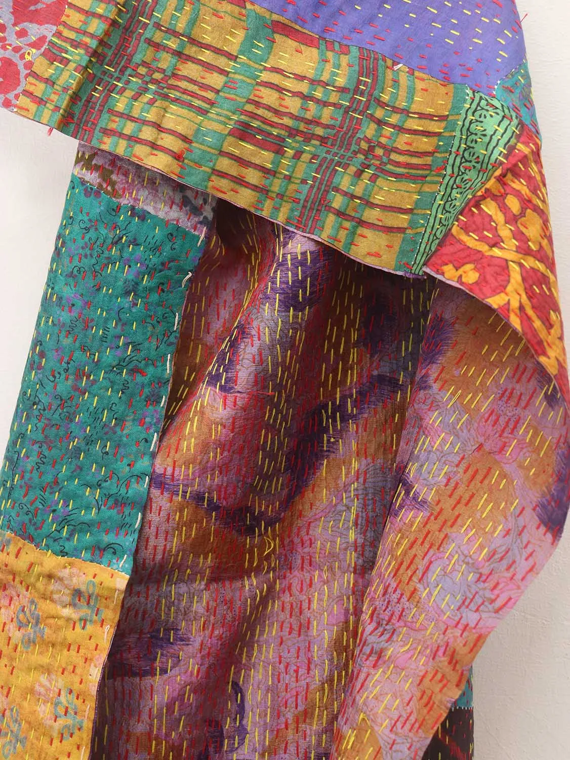 Multicolor Hand Embroidered Kantha Pure Silk Reversible Stole