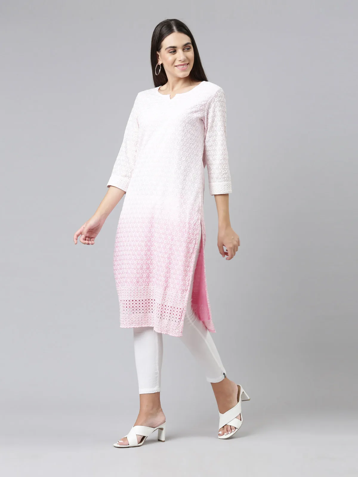 Neerus Women Pink Ethnic Motifs Embroidered Chikankari Kurta