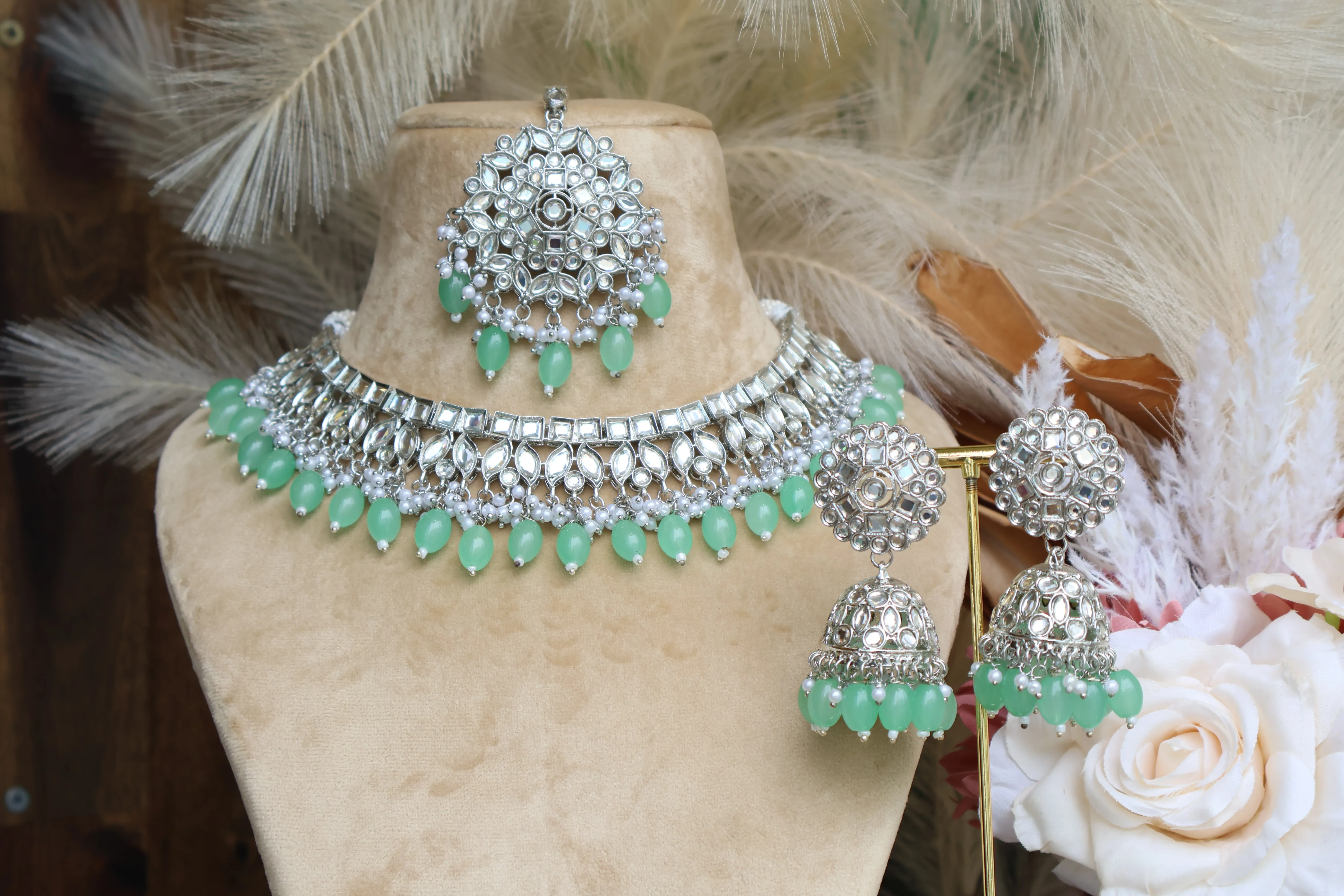 Noorjahan- Set Mint-Green Necklace with Tikka