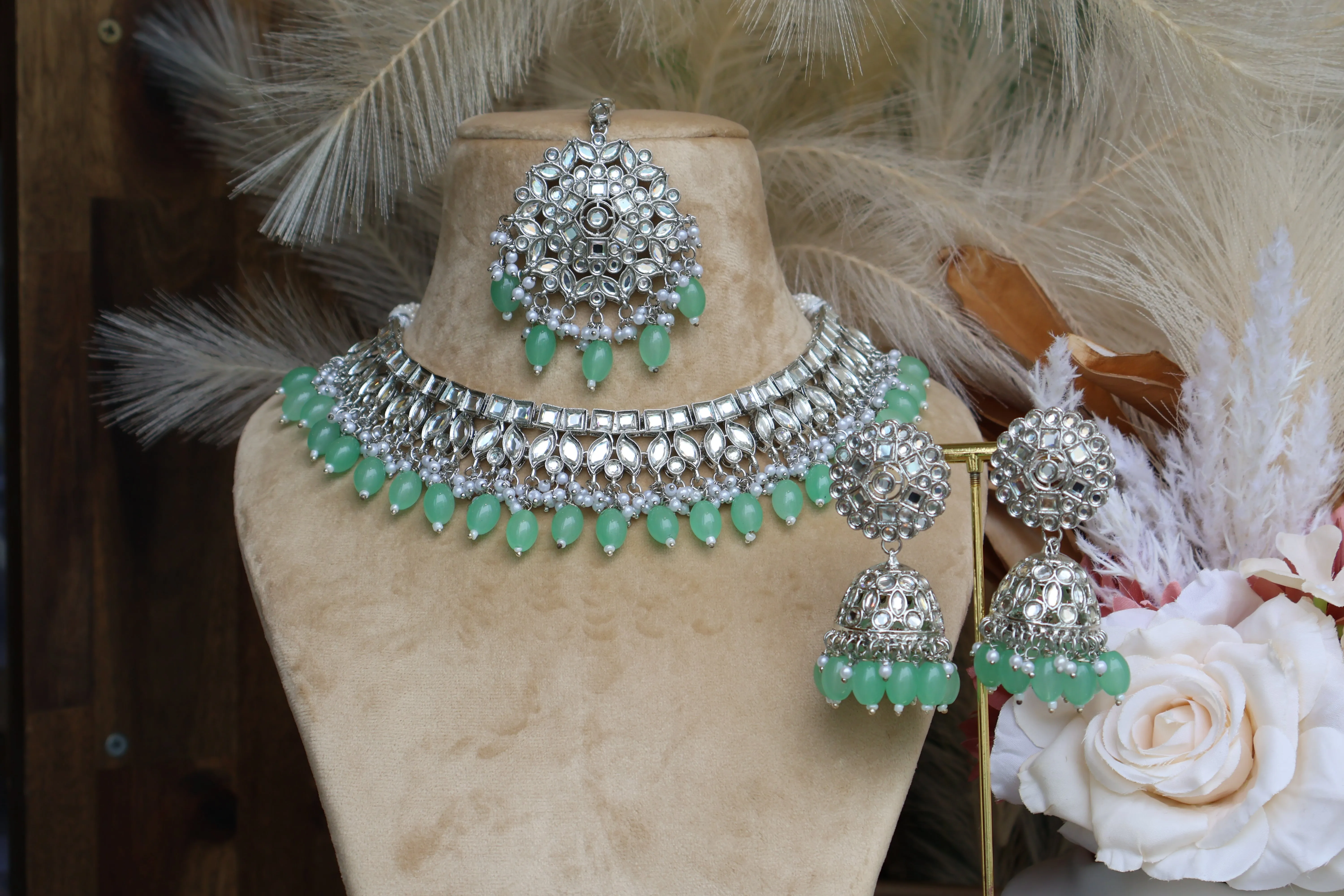 Noorjahan- Set Mint-Green Necklace with Tikka