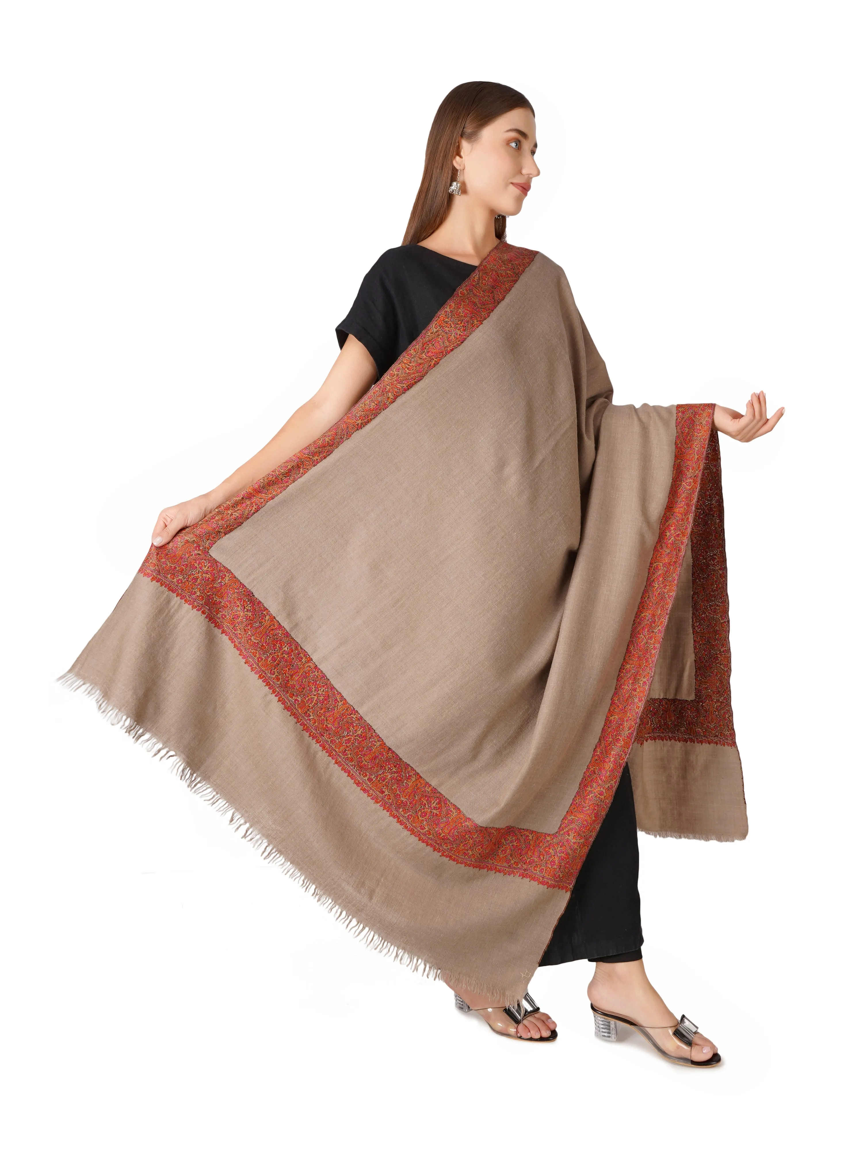 Pashmina Shawl with Exotic Floral Embroidery - Natural Toosh