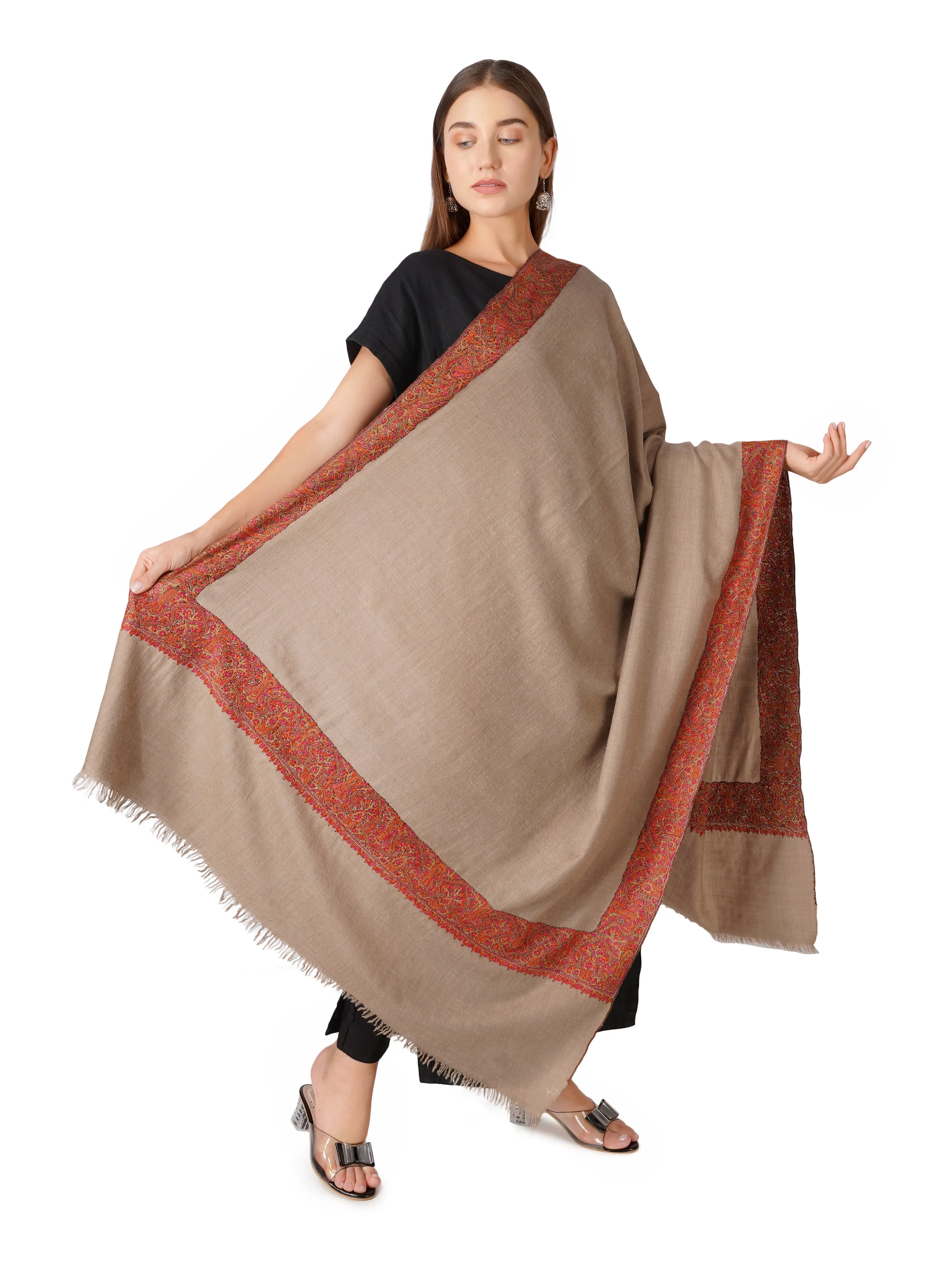 Pashmina Shawl with Exotic Floral Embroidery - Natural Toosh