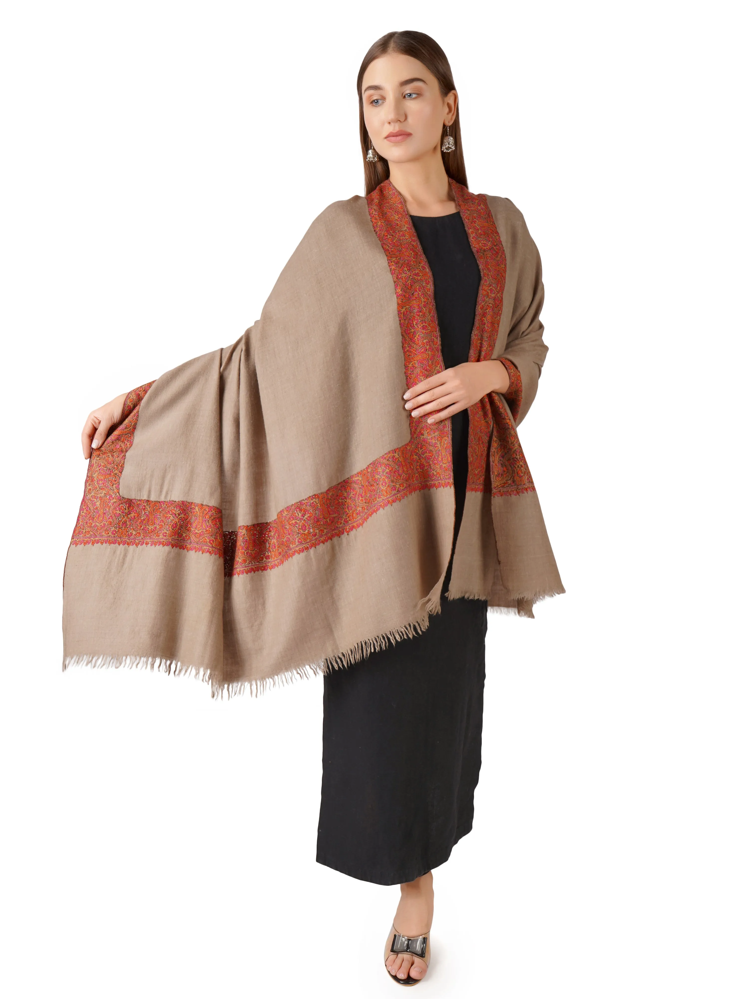Pashmina Shawl with Exotic Floral Embroidery - Natural Toosh