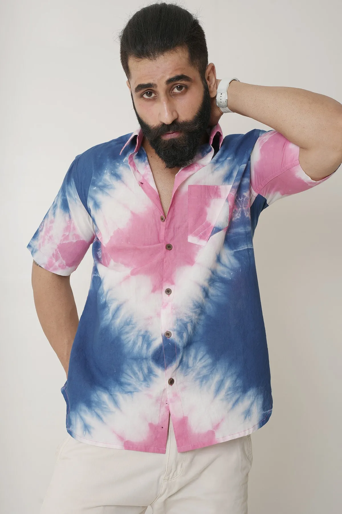Pink and Blue Tie Dye Handmade Half Sleeves Shirt | Style Matters
